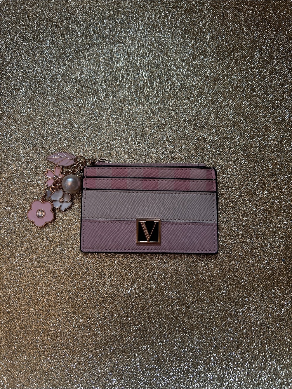 Victoria's Secret Pink Striped Leather Card Holder with Floral Charm
